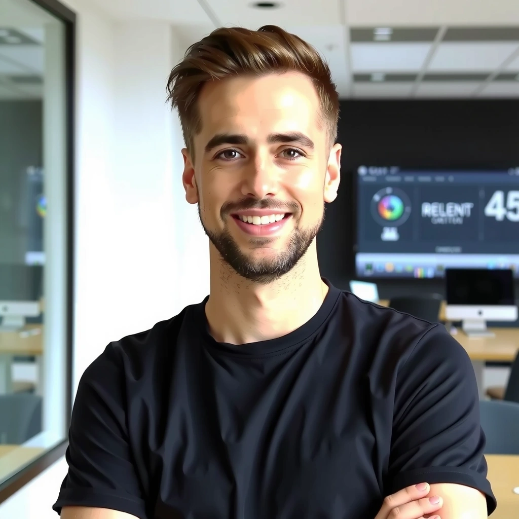 Portrait of a friendly male product manager, smiling confidently.