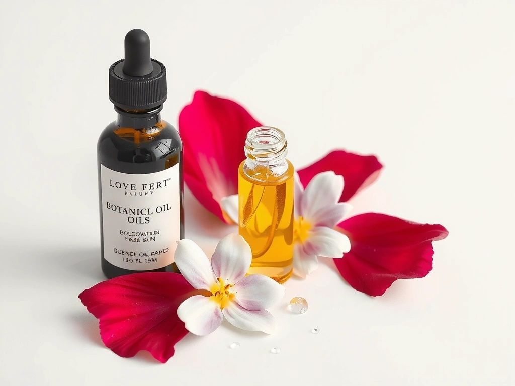 Stylized composition of botanical oils and glowing skin elements